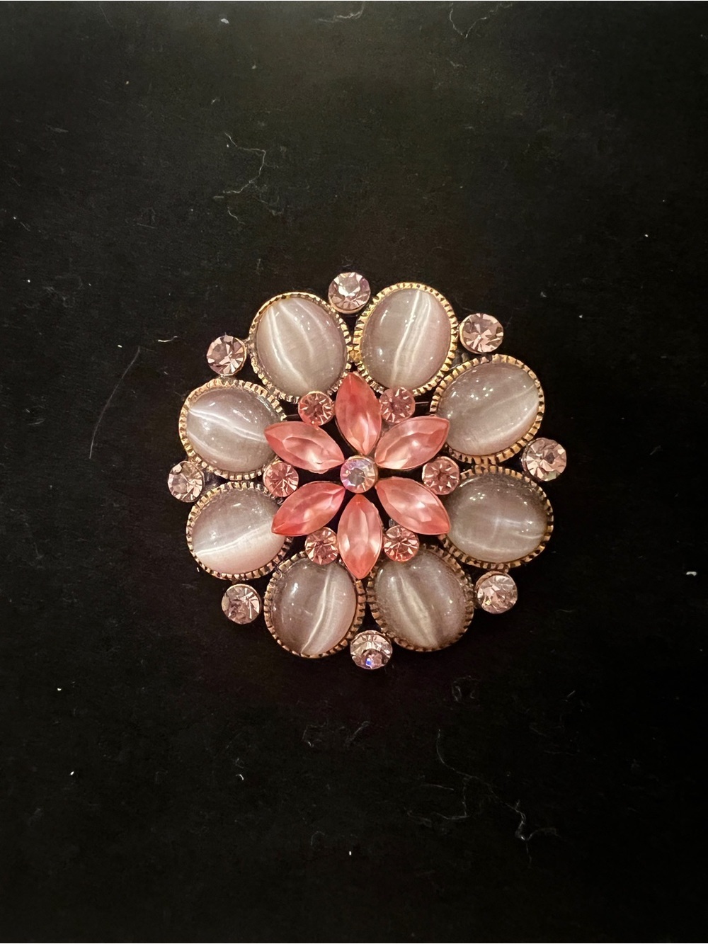 Pink Cat’s Eye & Crystal Floral Brooch ~ Vintage-Inspired Pin | Romantic Jewelry